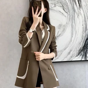 French Contrast Trim Double-Breasted Women Blazer