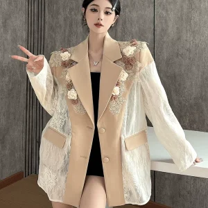 Embroidered flower splicing water-soluble lace sun protection suit jacket for women niche high-end design street style suit