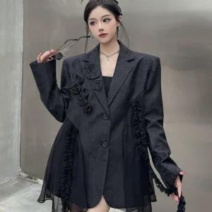 Heavy industry three-dimensional rose jacquard stitching black suit jacket women's spring unique street bf shoulder pad suit trend