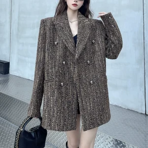 Retro style blazer women's autumn and winter double-breasted quilted loose high-end fashion woolen suit