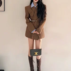 High-cold Royal Sister Style Brown Suit Dress Women's Autumn and Winter Korean Design High-Quality Waist Temperament Short Skirt
