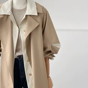 Shenzhen Nanyou light luxury high-end goods shirt collar windbreaker women's 2025 autumn and winter Korean version fashionable waist fake two-piece coat