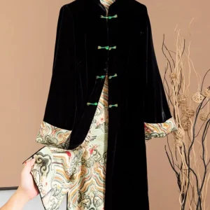 First-line brand discount clearance clearance Chinese style mid-length silk velvet windbreaker plate buckle retro cheongsam women's jacket