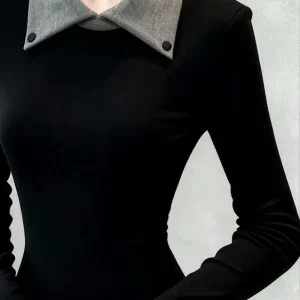 Autumn and winter office workers commuting tight-fitting slim tops for women, intellectual and high-end contrasting color polo collar inner layering shirts trendy