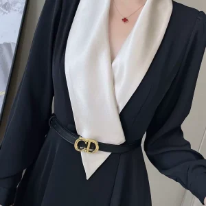 气质拼色高腰长袖收腰连衣裙