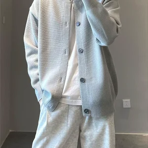 Gray round neck knitted cardigan sweater jacket for men