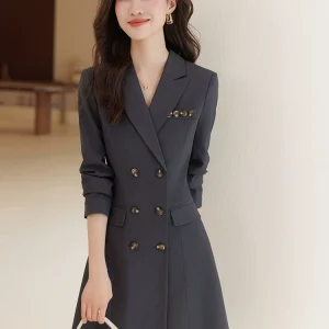 Gray suit dress for women spring and autumn high-end waisted double-breasted petite mid-length high-end professional workwear skirt