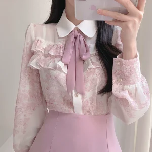 Spring and summer Korean ladylike floral bow tie lapel color-blocked thin long-sleeved chiffon shirt trendy top