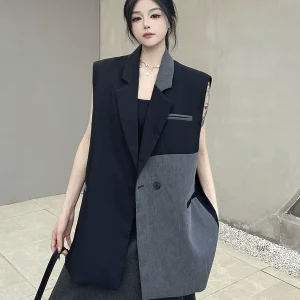 High-end temperament, contrasting color stitching, lapel suit, vest, women's new summer design, loose and versatile jacket, trendy